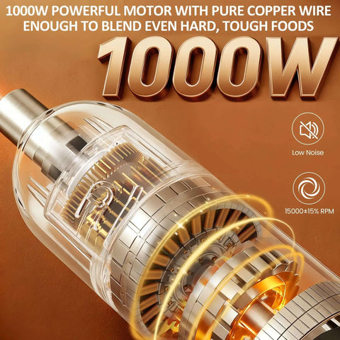 Heavy Duty Cordless Hand Blender 1000W Stick Mixer with Turbo Mode and 12 Speeds showing powerful motor detail.