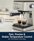 Top Notch Stainless Steel Espresso Machine With Built In Milk Frother For Killer Homemade Lattes And Smooth Cappuccinos Powered By Consistent Nine Bar Pressure And Zero Effort Auto Stop Settings Anytime, brewing espresso with Thermoblock technology.