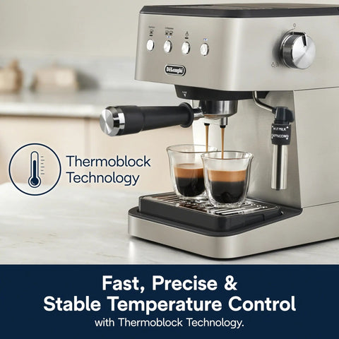 Top Notch Stainless Steel Espresso Machine With Built In Milk Frother For Killer Homemade Lattes And Smooth Cappuccinos Powered By Consistent Nine Bar Pressure And Zero Effort Auto Stop Settings Anytime, brewing espresso with Thermoblock technology.