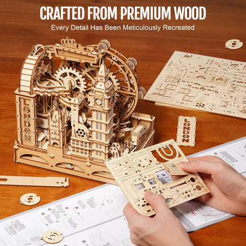 3D Wooden Puzzle For Adults Marble Run London Adventure 431 Piece Set lets a marble cruise past Big Ben and the London Eye, wood build