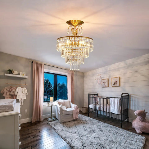 Crystal Gold Chandelier Ceiling Light With E12 Base in nursery, luxurious semi flush mount, 15.35 inch diameter, crystal design