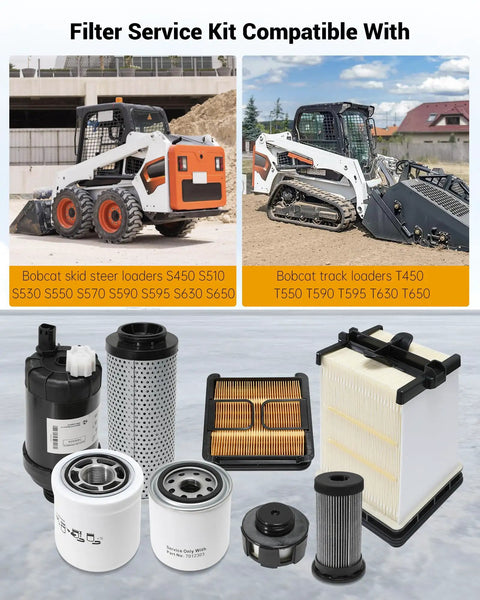 All In One Filter Service Kit For S450 S510 S530 S550 S570 S590 S595 S630 S650 And T450 T550 T590 T595 T630 T650 Heavy Duty Replacement Parts 7221933 7286322 7012303 7221934 7343102 702358 displayed with skid loaders