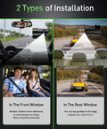 4K Front And Rear Dash Cam With WiFi And App Control For Cars installation guide showing front and rear window placement