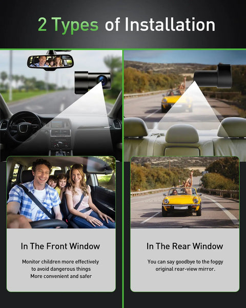 4K Front And Rear Dash Cam With WiFi And App Control For Cars installation guide showing front and rear window placement