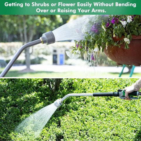 24 Inch Long Watering Wand With Flow Control and Gentle Soft Shower Sprayer in use on hanging baskets and shrubs.