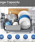 Premium Stainless Steel Dish Drying Rack With Large Capacity Counter Organizer showing utensils, plates, cups, and pot arranged neatly.