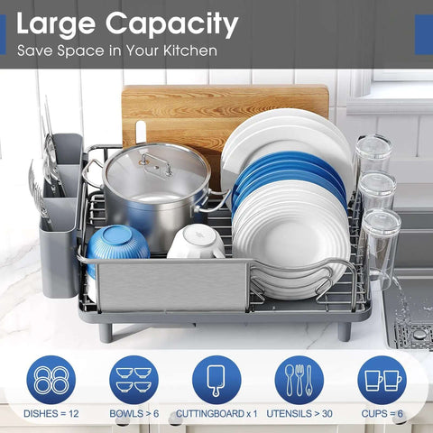 Premium Stainless Steel Dish Drying Rack With Large Capacity Counter Organizer showing utensils, plates, cups, and pot arranged neatly.