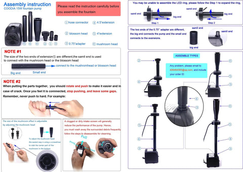 Assembly instruction for 15W Submersible Fountain Pump With 12 RGB LED Lights For A Lit Glow, adjustable heads and LEDs