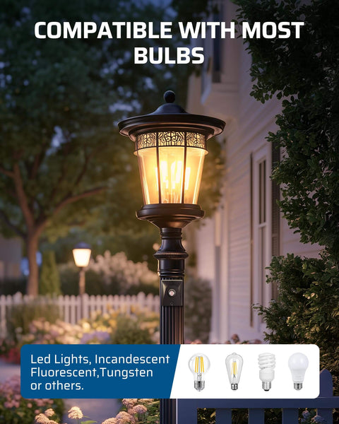 Outdoor Post Light Dusk To Dawn Sensor Switch for Auto On Off Photoelectric Control, compatible with multiple bulb types.
