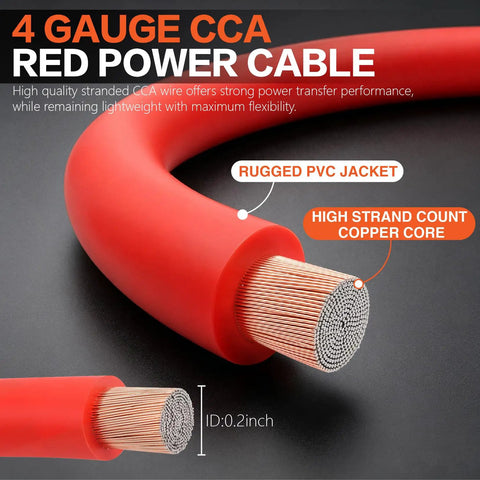 4 Gauge Car Subwoofer Amplifier Wiring Harness Kit with Heavy Duty Red Power Cable and Rugged PVC Jacket.