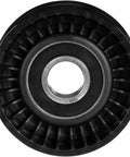 Front view of DriveAlign belt drive idler pulley, black outer body with silver center bore.