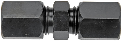 Side view of black steel high-pressure compression union, 3/8 in, automotive part.