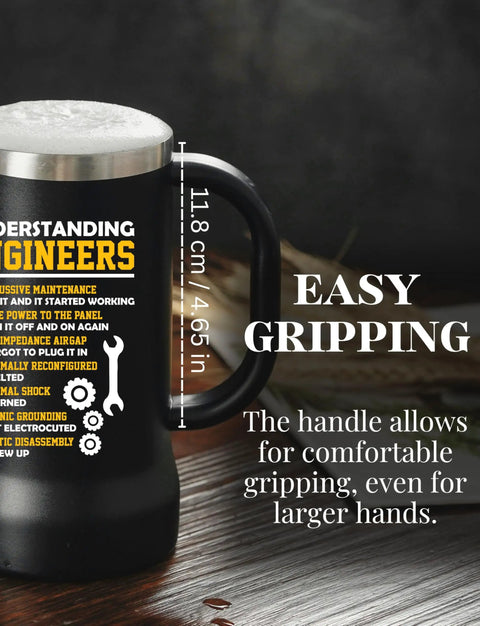 24oz Stainless Steel Beer Stein Tumbler With Lid For Engineers And Gearheads, features handle for easy gripping, engineering design.