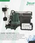 Complete Sump Pump System With M53 Primary Pump And 12 Volt Battery Backup Self Testing Controller Check Valve Float Switches And PVC Discharge Piping For Reliable Basement Flood Protection visible with pump, battery housing, and control panel.