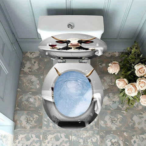 Round Toilet Seat Resin for Farmhouse Bathroom showing cow design with wine glasses and blue water, top view.