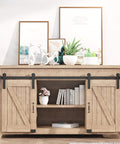 Wooden TV stand with 5 Foot Small Sliding Barn Door Hardware Kit for Double Doors and Cabinets, Ultra Quiet Track System installed.
