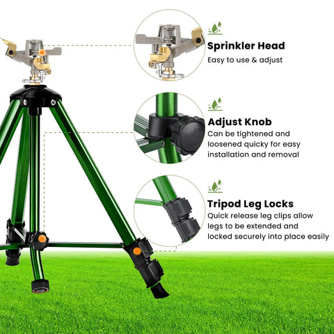 Two Pack 360 Degree Rotary Lawn Sprinklers On Metal Tripod Bases With Adjustable Height and Flip Locks