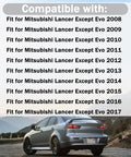 Rear view of Mitsubishi Lancer with compatibility list for 2008-2017 models, excluding Evo, overlaid in front of a mountain backdrop.