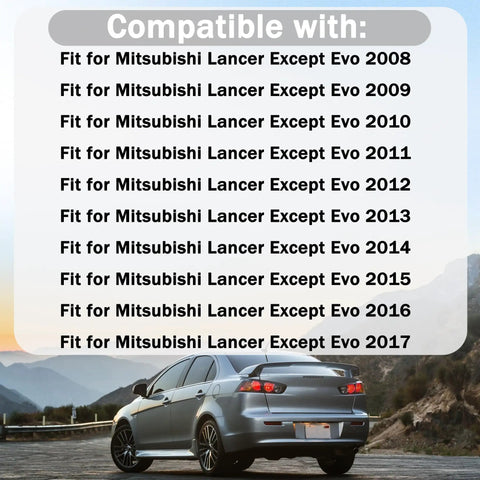 Rear view of Mitsubishi Lancer with compatibility list for 2008-2017 models, excluding Evo, overlaid in front of a mountain backdrop.