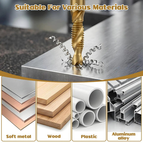 Six Piece Metric Drill And Tap Set M3 To M10 With Titanium Coated Carbon Steel Bits on soft metal surface