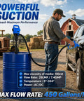 Heavy Duty Electric Drum Pump fits 55 Gallon Barrels and IBC Tanks with 120 Volt AC and 12 Volt DC in use for liquid transfer.