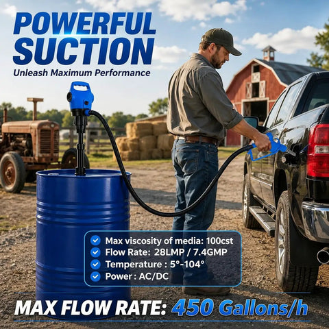 Heavy Duty Electric Drum Pump fits 55 Gallon Barrels and IBC Tanks with 120 Volt AC and 12 Volt DC in use for liquid transfer.