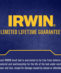 IRWIN logo with limited lifetime guarantee text on blue background.