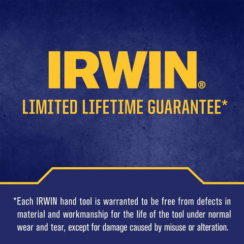 IRWIN logo with limited lifetime guarantee text on blue background.