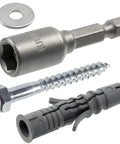 Heavy Duty Nylon Wall Anchor Kit With Collar Dowels 8x40mm, Bottom Screws 5x40mm, M5 Washers, And Hex Socket close-up view.