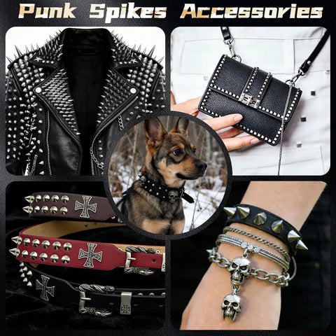 600 Piece Metal Studs And Spikes Kit For DIY Punk Fashion with jackets, bags, pet collars, belts, and bracelets displayed