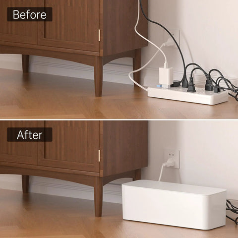 Before and after of a Two Pack Cable Management Box For Home And Office, Pet Safe Cord Organizer, hiding power strip and cables.