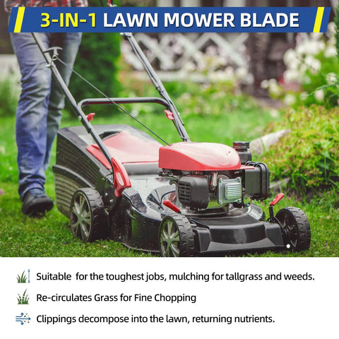Mulching Blade With Five Eighth Inch Circle Mounting Pattern For 21 Inch Deck Push Lawn Mower in use on grass lawn