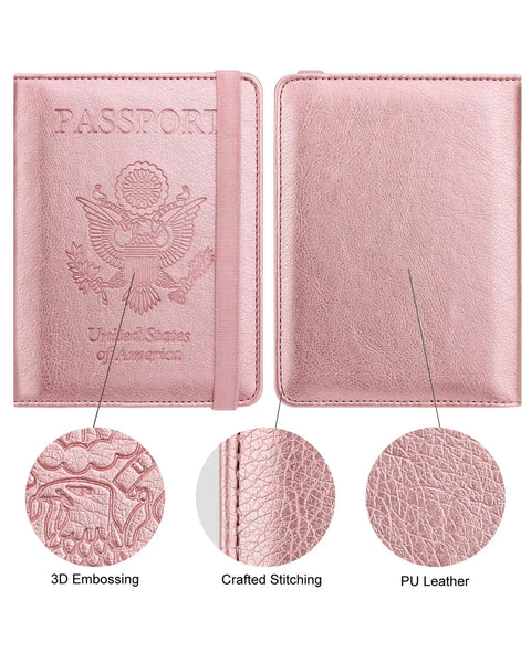 RFID Passport Holder For Travel Wallet With Pen Loop Elastic Closure And PU Leather Card Holder Passport Book Cover For Women And Men Rose Gold Accents, showcasing 3D embossing and PU leather texture.