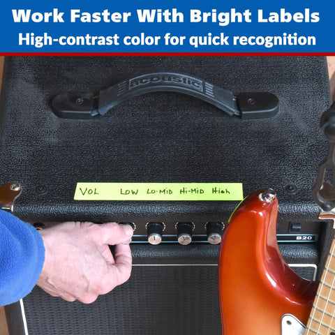 Neon Fluorescent Yellow Labeling Tape With Clean Removable Adhesive used on an amplifier, labeled for easy control identification.