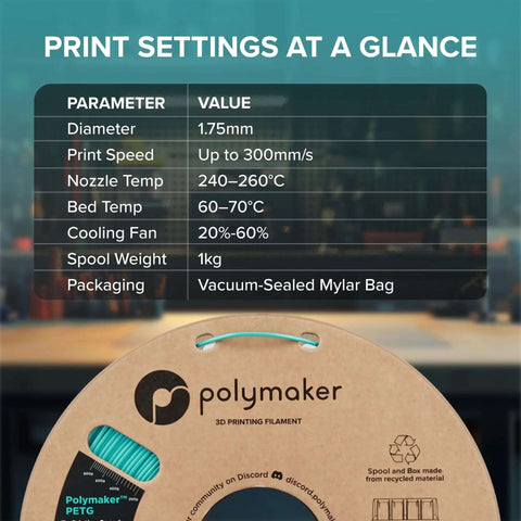 Black PETG Filament 1.75mm 1kg Beefed Up High Speed Formula Up To 300mm Per Second print settings chart with packaging