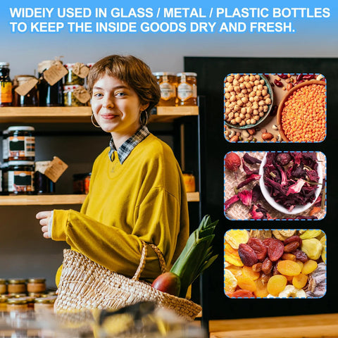 PATIKIL 45mm foam bottle cap liner pack; front view of shopper with basket and three inset food images.