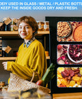 Shopper in a yellow sweater with a woven basket of produce in a grocery store; three inset images show legumes and dried fruit.
