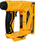 Built Tough And Rock Solid 2In1 Cordless Brad Nailer And Narrow Crown Stapler For Fine Woodworking and DIY Hacks tool side view highlighting grip and nail chamber.