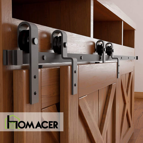 Mini Black Rustic Sliding Barn Door Hardware Kit Bypass For Two Doors With 30 Inch Flat Track And One Bent Roller Dope
