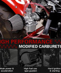 26mm Performance Carburetor Beefed Up For 212cc 224cc 196cc Engines And GX160 GX200 6.5HP Coleman CT200U BT200X KT196 Mini Bike Go Kart With 38mm Red Air Filter And Intake Manifold Kit Black installed on mini bike.