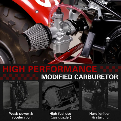 26mm Performance Carburetor Beefed Up For 212cc 224cc 196cc Engines And GX160 GX200 6.5HP Coleman CT200U BT200X KT196 Mini Bike Go Kart With 38mm Red Air Filter And Intake Manifold Kit Black installed on mini bike.