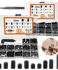 Pro Grade Set Screw Kit With 1400 Pieces In SAE And Metric Sizes 26 Size Assortment For DIY And Shop Use 12.9 Alloy Steel Black Zinc Head Socket Cup Point Screws M3 To M8 And One Eighth To Five Sixteenth Inch Threads in labeled boxes with hex keys and installation example.