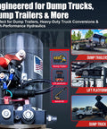 12V DC Double Acting 4 Quart Hydraulic Pump For Dump Trailer With Remote Controller Poly Reservoir Be Beefy Power Unit With Gravity Down And Power Down Modes engineered for dump trucks and platforms.