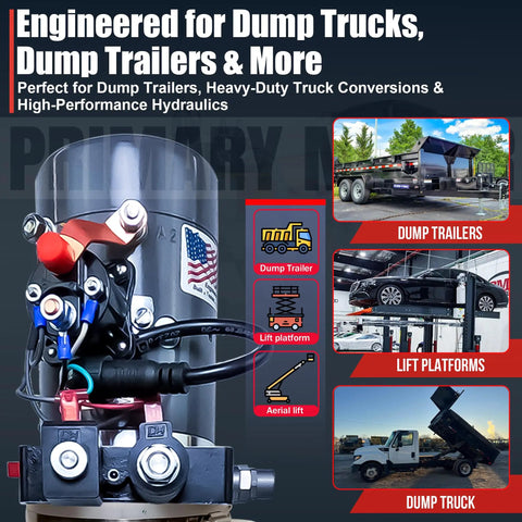 12V DC Double Acting 4 Quart Hydraulic Pump For Dump Trailer With Remote Controller Poly Reservoir Be Beefy Power Unit With Gravity Down And Power Down Modes engineered for dump trucks and platforms.