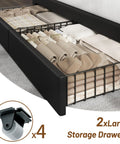 Heavy Duty Black King Size Platform Bed Frame With Padded Headboard And Four Slide Out Storage Drawers Plus Hidden Side Shelves Solid Wood Design For Straight Up Bedroom Comfort - view of four large storage drawers filled with organized bedding.