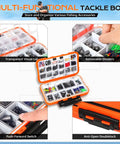 All In One 449 Piece Fishing Tackle Kit In Tackle Box With Hooks Weights Jig Heads Sinkers Ned Heads For Bass And Trout Gear Great Gift For Men And Outdoor Enthusiasts showing tackle box features: transparent lid, removable dividers, push-forward switch, and anti-open double lock.