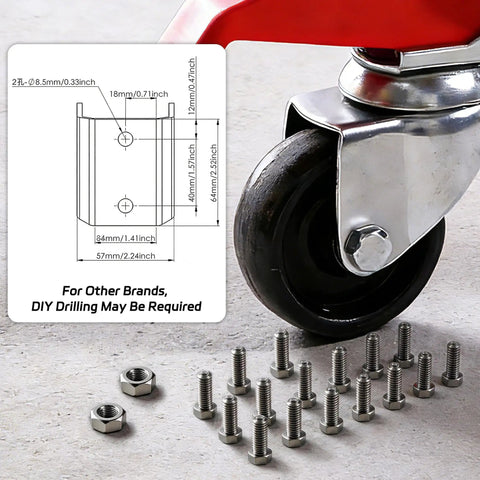 Heavy Duty Retractable Workbench Caster Kit With Foot Release And Sturdy Hardware showing caster wheel and installation hardware for easy mobility.