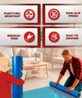 Man using Blue Self Adhesive Floor Protection Film Roll 24 Inch By 200 Foot, 3 Mil Thick for hardwood floors in living room