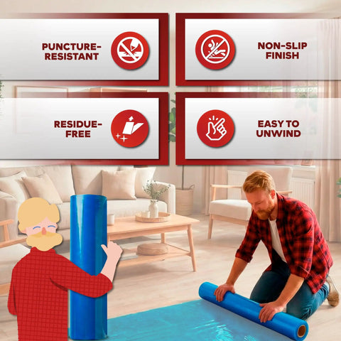 Man using Blue Self Adhesive Floor Protection Film Roll 24 Inch By 200 Foot, 3 Mil Thick for hardwood floors in living room