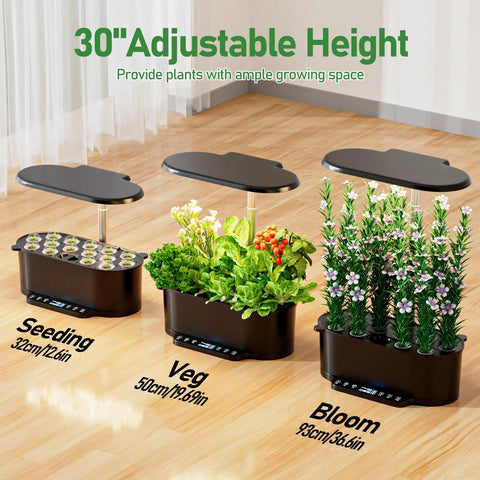 Smart Indoor Hydroponics Growing System Kit With 15 Pod Herb Garden showing seeding, veg, and bloom stages, 30 inch adjustable height